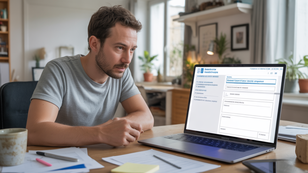 Freelance français remplissant une procédure de fermeture d’auto‑entreprise sur son ordinateur dans un bureau lumineux et réaliste.