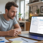 Freelance français remplissant une procédure de fermeture d’auto‑entreprise sur son ordinateur dans un bureau lumineux et réaliste.