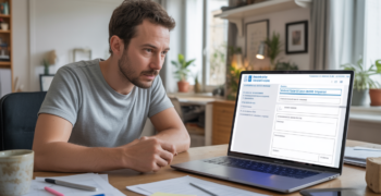 Freelance français remplissant une procédure de fermeture d’auto‑entreprise sur son ordinateur dans un bureau lumineux et réaliste.