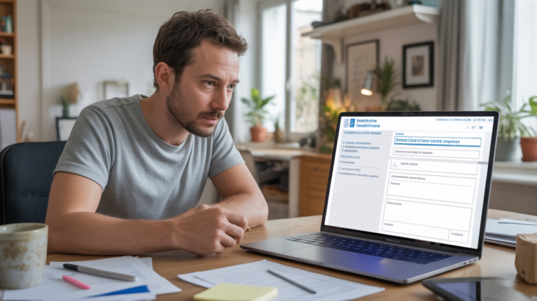 Freelance français remplissant une procédure de fermeture d’auto‑entreprise sur son ordinateur dans un bureau lumineux et réaliste.