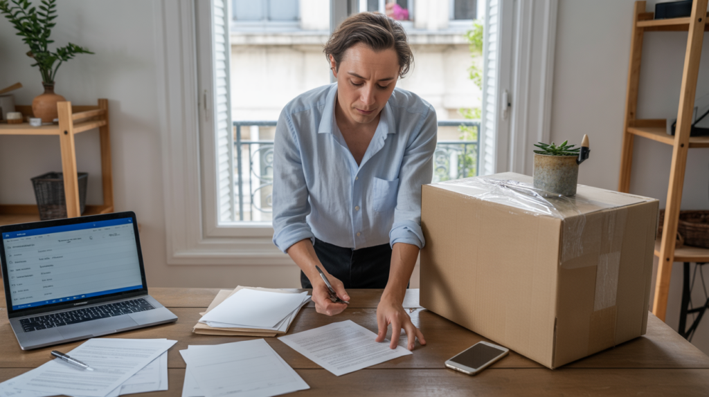 Scène réaliste d’un auto-entrepreneur finalisant la fermeture de son activité dans un bureau lumineux, en rangeant des documents et préparant un carton.