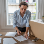 Scène réaliste d’un auto-entrepreneur finalisant la fermeture de son activité dans un bureau lumineux, en rangeant des documents et préparant un carton.