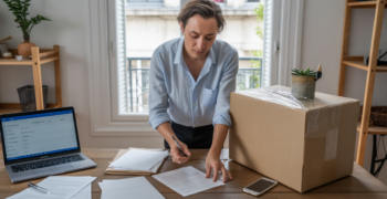 Scène réaliste d’un auto-entrepreneur finalisant la fermeture de son activité dans un bureau lumineux, en rangeant des documents et préparant un carton.