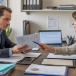 Scène réaliste dans un bureau où un dirigeant et un conseiller examinent des documents pour la fermeture d’une société, éclairés par une lumière naturelle.
