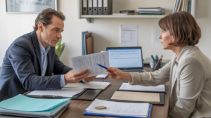 Scène réaliste dans un bureau où un dirigeant et un conseiller examinent des documents pour la fermeture d’une société, éclairés par une lumière naturelle.