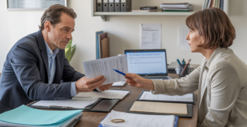 Scène réaliste dans un bureau où un dirigeant et un conseiller examinent des documents pour la fermeture d’une société, éclairés par une lumière naturelle.