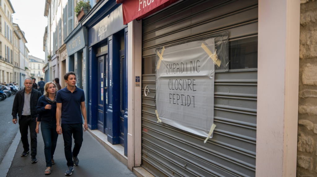 Devanture fermée d’un petit commerce français avec un avis de fermeture soudain, dans une rue authentique et vivante.