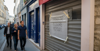 Devanture fermée d’un petit commerce français avec un avis de fermeture soudain, dans une rue authentique et vivante.