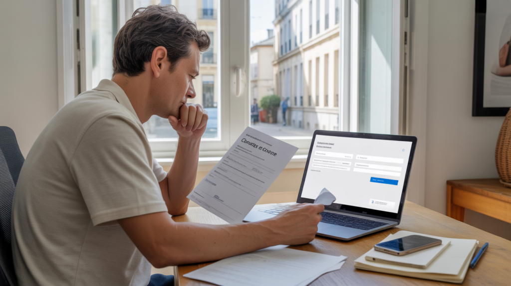 Indépendant travaillant dans un bureau à domicile en train de finaliser la fermeture de son auto‑entreprise sur un portail administratif.