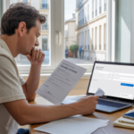 Indépendant travaillant dans un bureau à domicile en train de finaliser la fermeture de son auto‑entreprise sur un portail administratif.