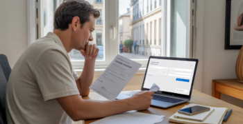 Indépendant travaillant dans un bureau à domicile en train de finaliser la fermeture de son auto‑entreprise sur un portail administratif.