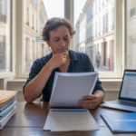 Un auto-entrepreneur examine des documents de fermeture dans un bureau administratif français, dans une scène réaliste et lumineuse.