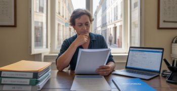 Un auto-entrepreneur examine des documents de fermeture dans un bureau administratif français, dans une scène réaliste et lumineuse.