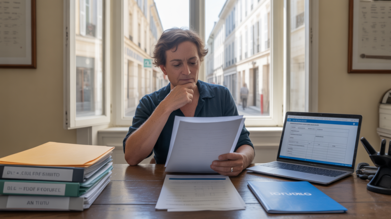 Un auto-entrepreneur examine des documents de fermeture dans un bureau administratif français, dans une scène réaliste et lumineuse.