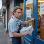 Commerçant fermant une petite boutique en difficulté, tenant des factures impayées devant un magasin réaliste en fin de journée.