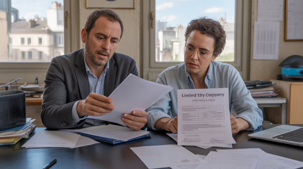 Scène réaliste dans un petit bureau où deux associés examinent des documents de fermeture d’entreprise.
