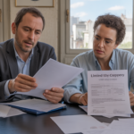 Scène réaliste dans un petit bureau où deux associés examinent des documents de fermeture d’entreprise.