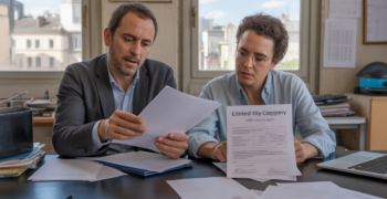 Scène réaliste dans un petit bureau où deux associés examinent des documents de fermeture d’entreprise.
