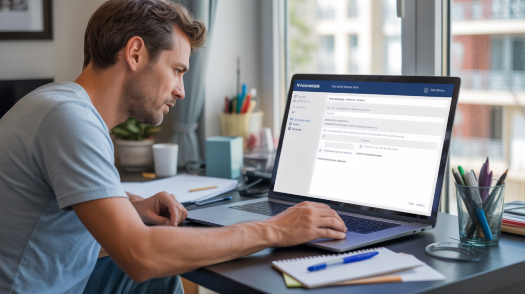Auto-entrepreneur mettant à jour l’activité de son entreprise sur un portail administratif en ligne dans un bureau à domicile réaliste