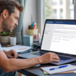 Auto-entrepreneur mettant à jour l’activité de son entreprise sur un portail administratif en ligne dans un bureau à domicile réaliste