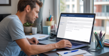 Auto-entrepreneur mettant à jour l’activité de son entreprise sur un portail administratif en ligne dans un bureau à domicile réaliste