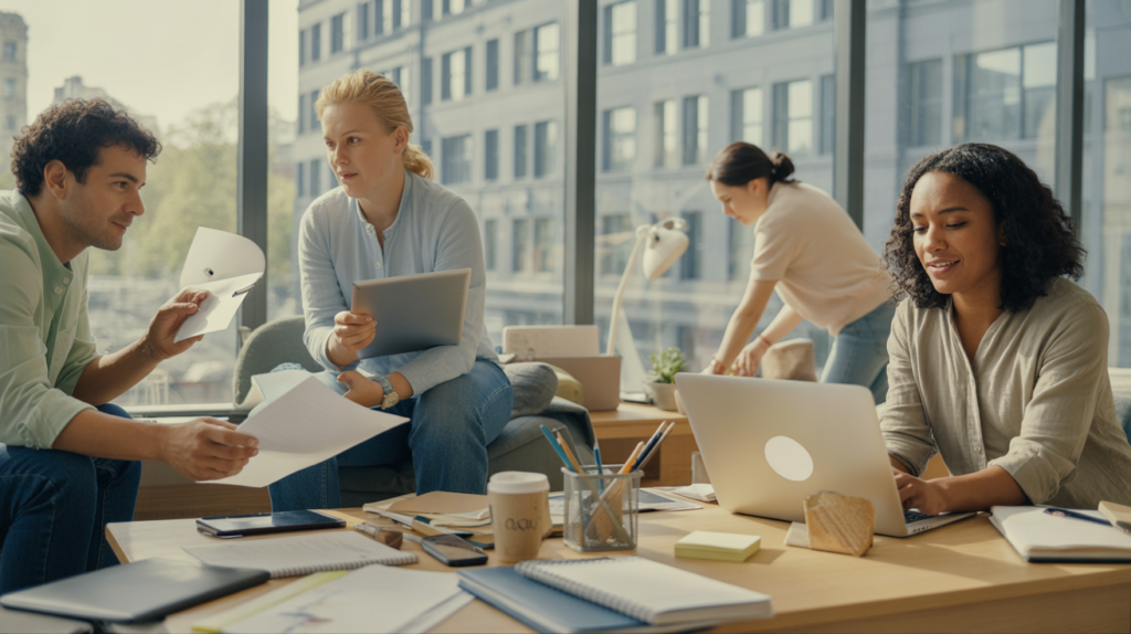 Scène réaliste dans un espace de coworking où plusieurs professionnels libéraux auto‑entrepreneurs travaillent.