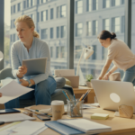 Scène réaliste dans un espace de coworking où plusieurs professionnels libéraux auto‑entrepreneurs travaillent.