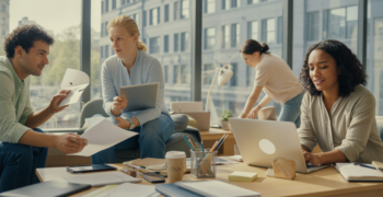 Scène réaliste dans un espace de coworking où plusieurs professionnels libéraux auto‑entrepreneurs travaillent.