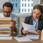 Scène réaliste dans un bureau où deux professionnels finalisent les documents de dissolution et de liquidation d’une entreprise, avec une ambiance naturelle et des détails authentiques.