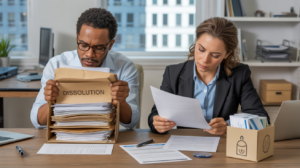 Scène réaliste dans un bureau où deux professionnels finalisent les documents de dissolution et de liquidation d’une entreprise, avec une ambiance naturelle et des détails authentiques.