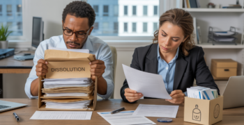Scène réaliste dans un bureau où deux professionnels finalisent les documents de dissolution et de liquidation d’une entreprise, avec une ambiance naturelle et des détails authentiques.