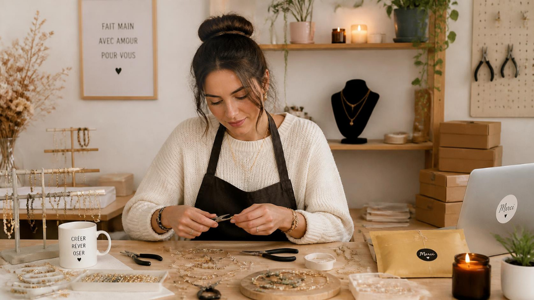 Créatrice photographiant ses bijoux faits main pour les vendre en ligne