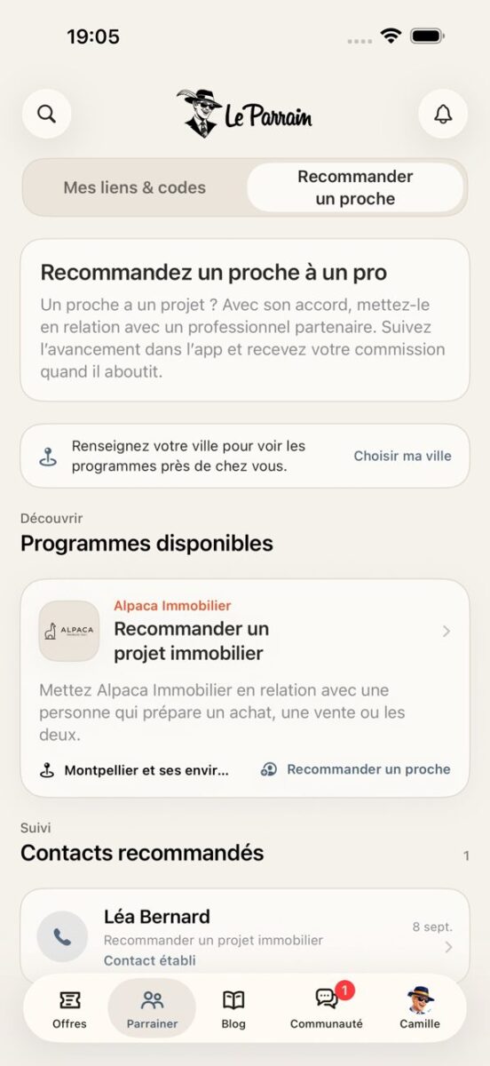 Écran de l'application Le Parrain pour recommander un proche à un professionnel