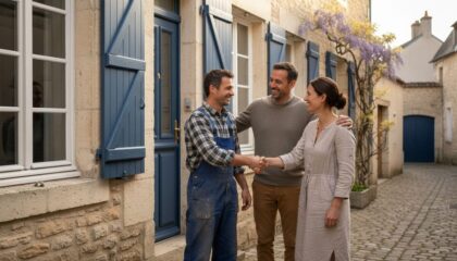 Un artisan serre la main d'un client satisfait qui lui recommande un proche
