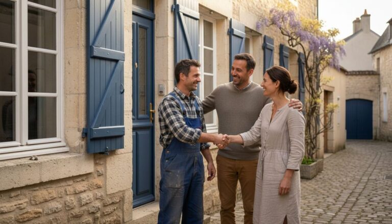 Un artisan serre la main d'un client satisfait qui lui recommande un proche