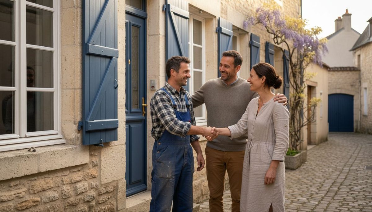 Un artisan serre la main d'un client satisfait qui lui recommande un proche